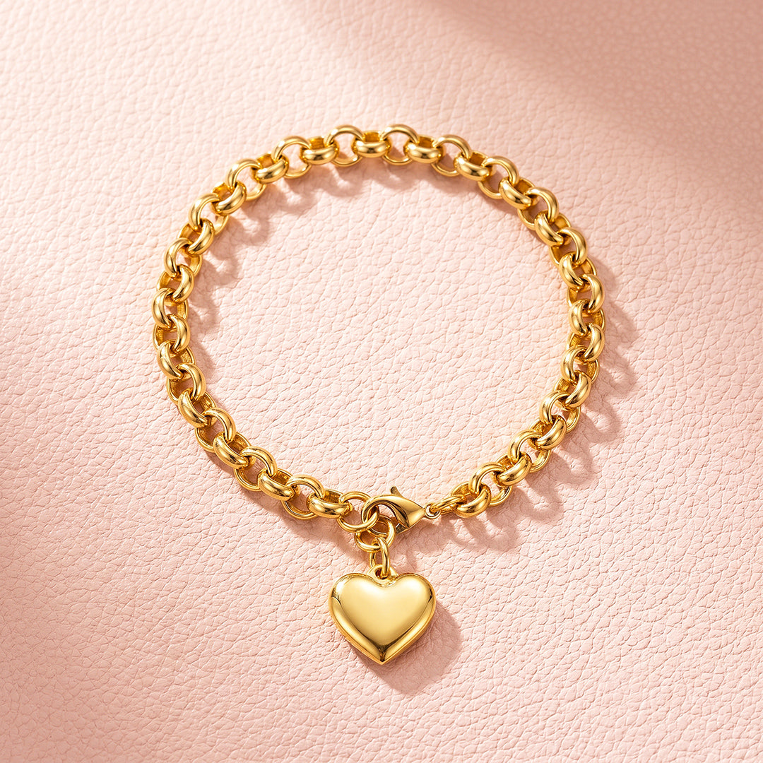 Puffy Gold Heart Charm Rolo Chain Bracelet | Luxe6681