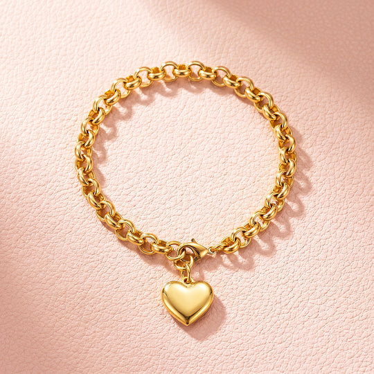 Puffy Gold Heart Charm Rolo Chain Bracelet | Luxe6681
