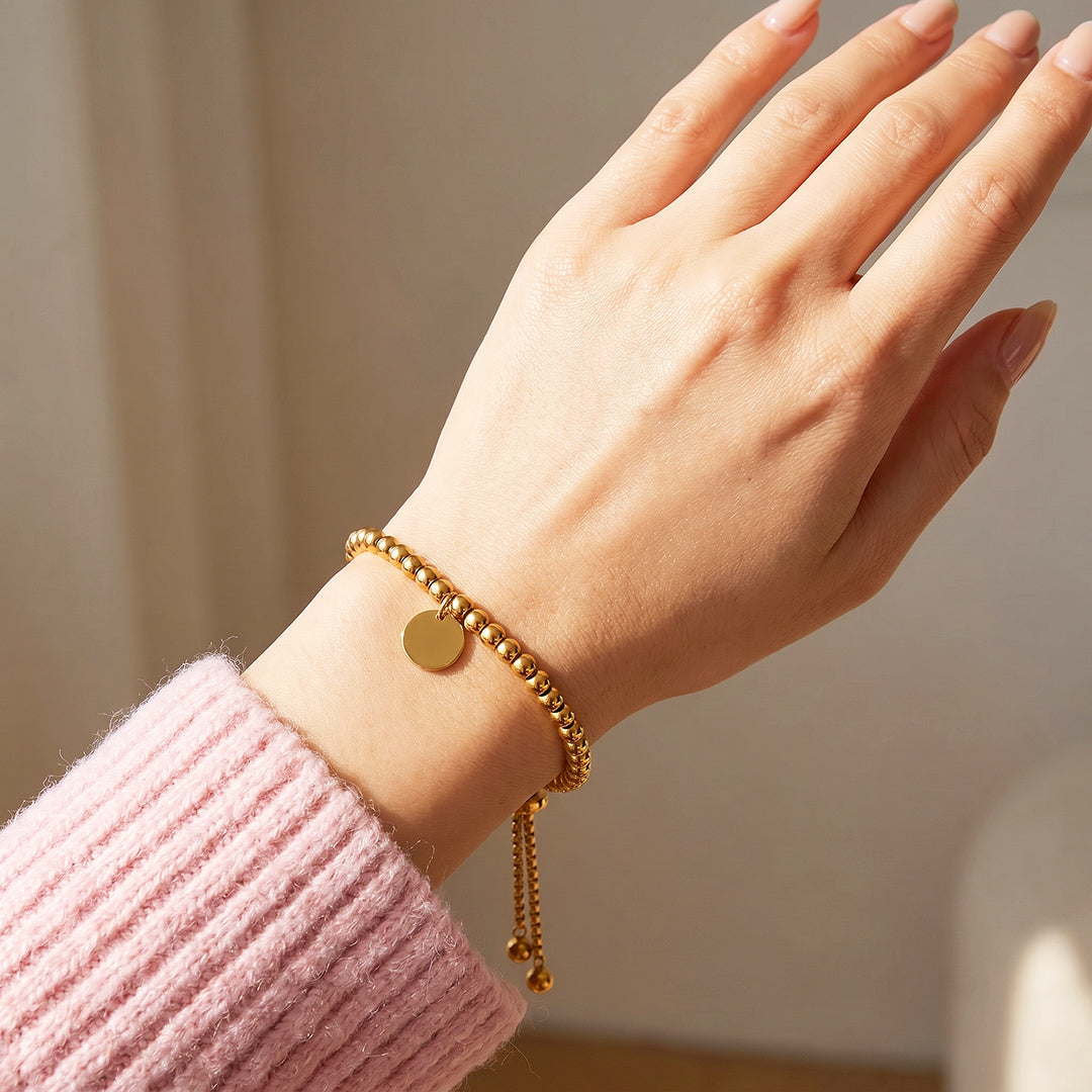Gold Ball Bead Adjustable Bracelet with Coin Charm | Gold Plated | Luxe6682