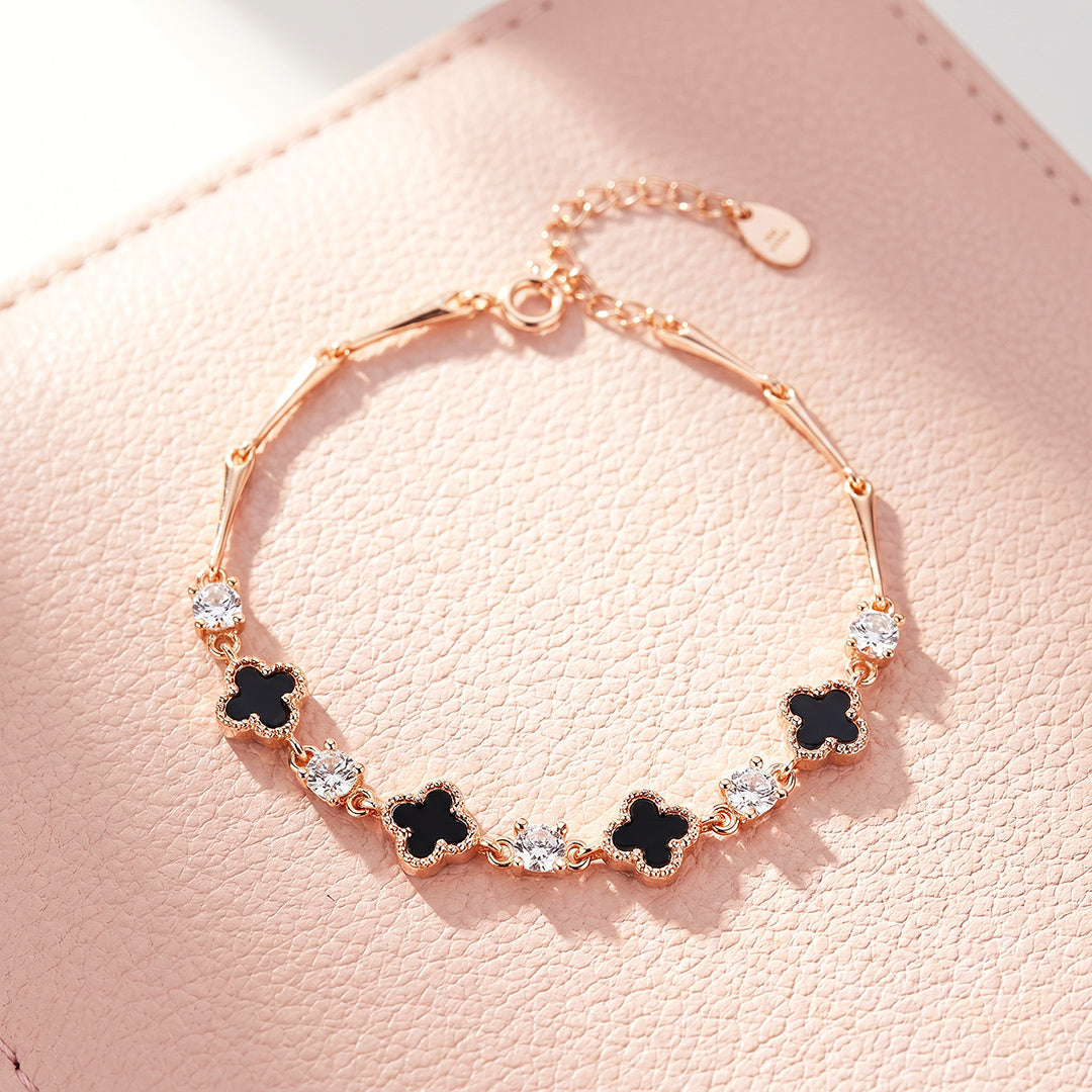 Black Clover &amp; Diamond Simulant Rose Gold Colour Bracelet | Luxe6690