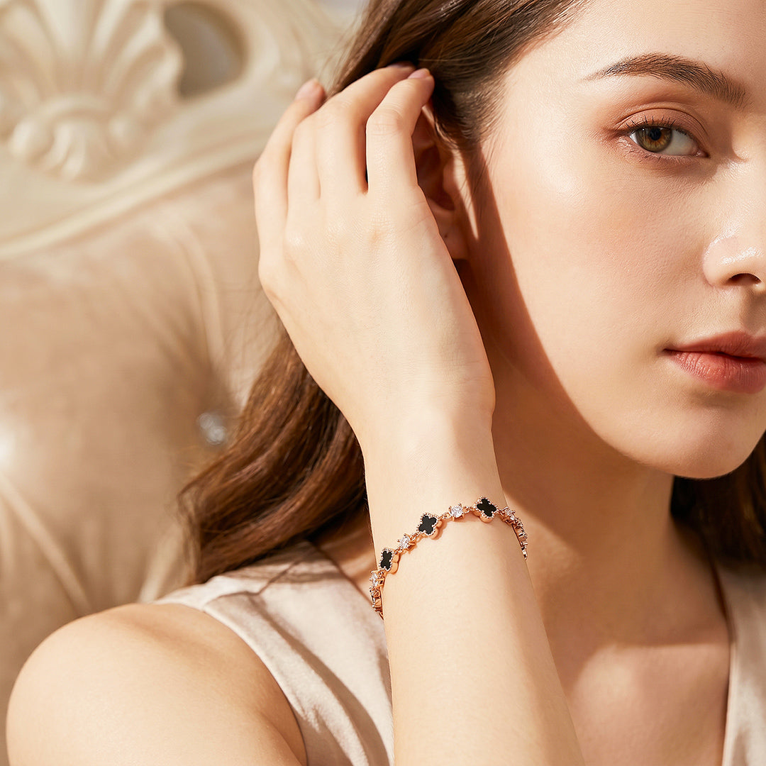 Black Clover &amp; Diamond Simulant Rose Gold Colour Bracelet | Luxe6690