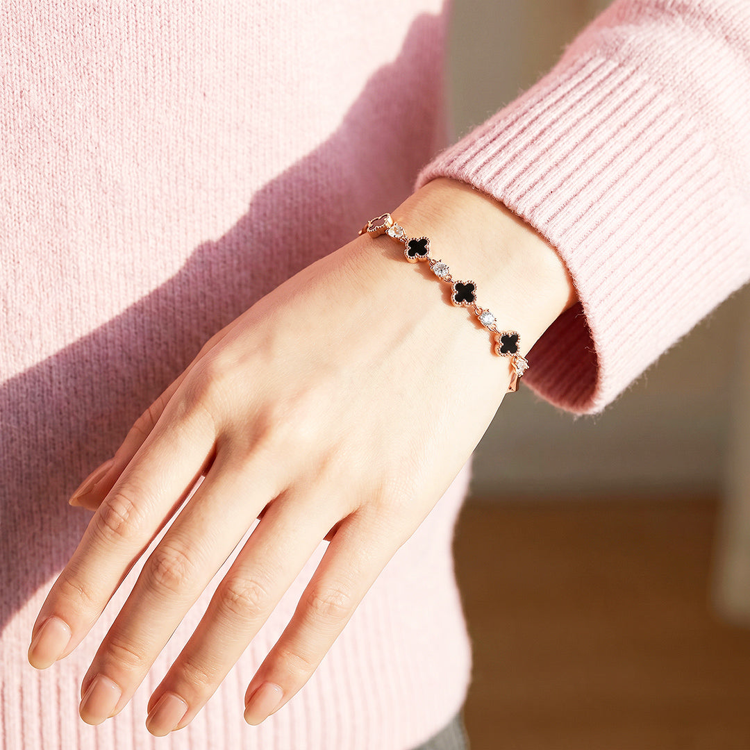 Black Clover &amp; Diamond Simulant Rose Gold Colour Bracelet | Luxe6690