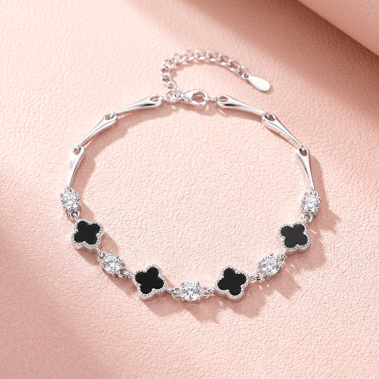 Black Clover &amp; Diamond Simulant White Gold Colour Bracelet | Luxe6691