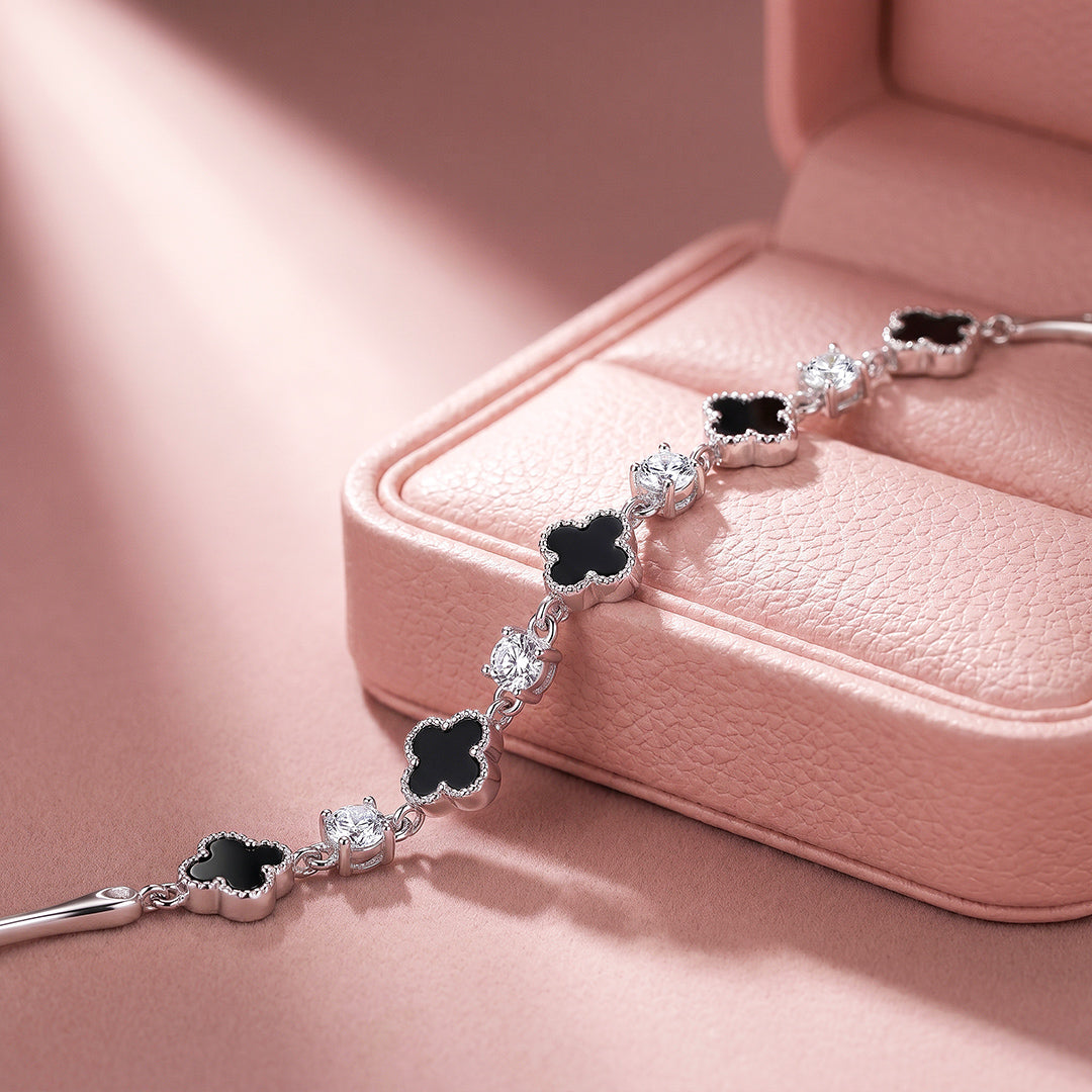 Black Clover &amp; Diamond Simulant White Gold Colour Bracelet | Luxe6691