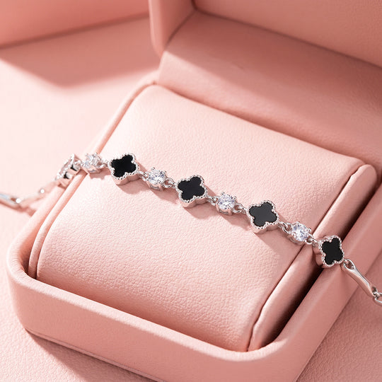 Black Clover &amp; Diamond Simulant White Gold Colour Bracelet | Luxe6691