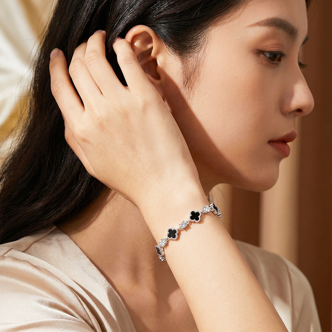 Black Clover &amp; Diamond Simulant White Gold Colour Bracelet | Luxe6691
