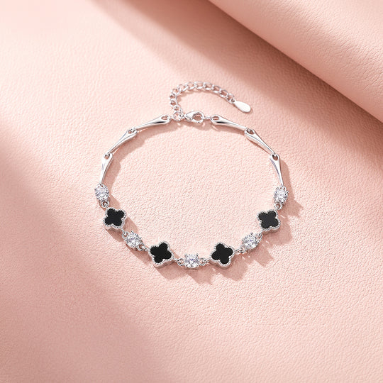 Black Clover &amp; Diamond Simulant White Gold Colour Bracelet | Luxe6691