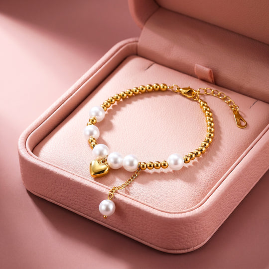 Pearls &amp; Gold Beads Heart Charm Bracelet | Luxe6718