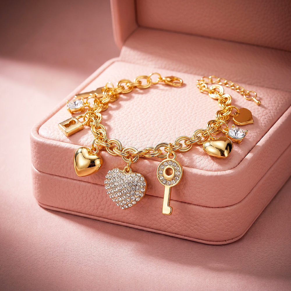 Heart & Key Charm Bracelet | Diamond Simulant | Luxe6723