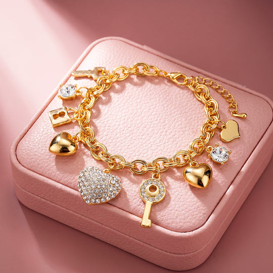 Heart &amp; Key Charm Bracelet | Diamond Simulant | Luxe6723