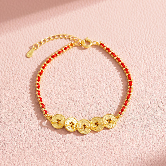 Five Fortune Coins Red Thread Bracelet | Luxe6740
