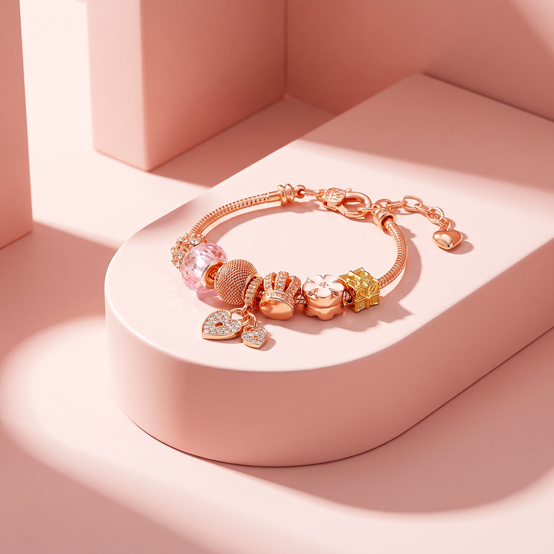 Rose Gold Crown Lock Charm Bracelet | Luxe6783