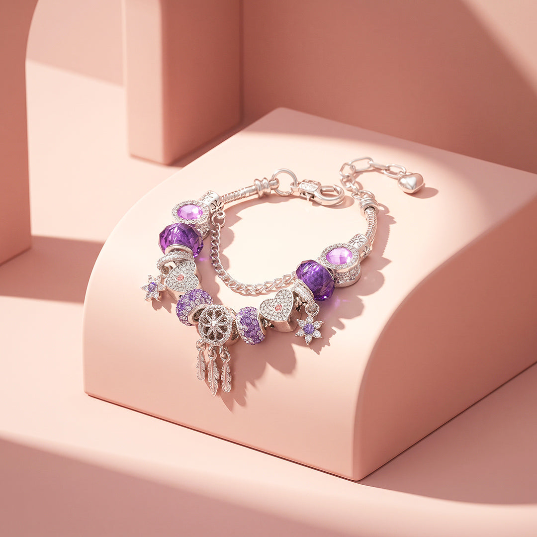Purple Heart &amp; Feather Charm Bracelet | Luxe6787