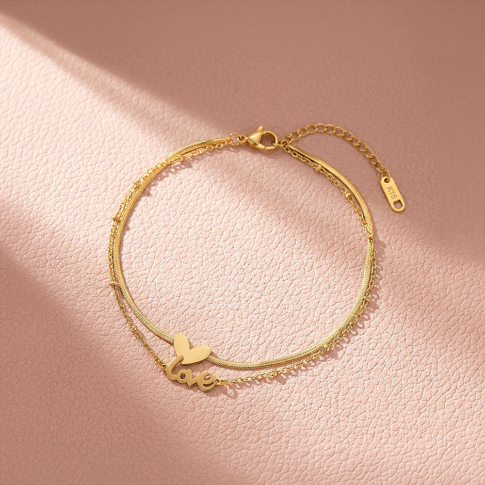 Double Layer Heart & "Love" Script | Anklet | Luxe9234
