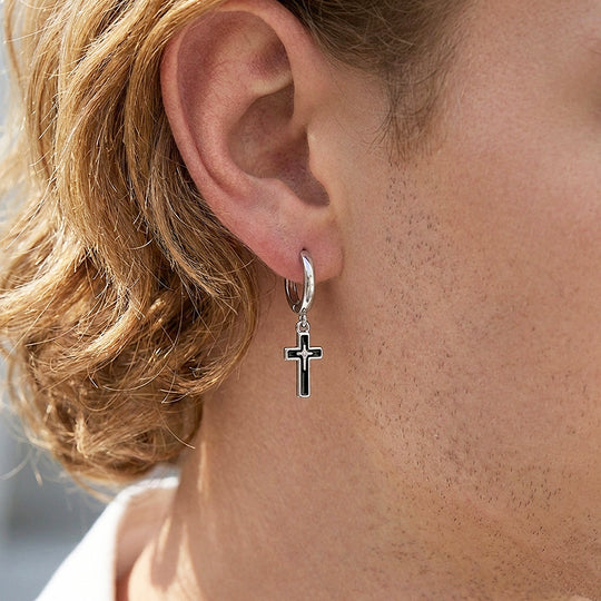 Black Enamel Cross Drop Huggie Hoop | Men&