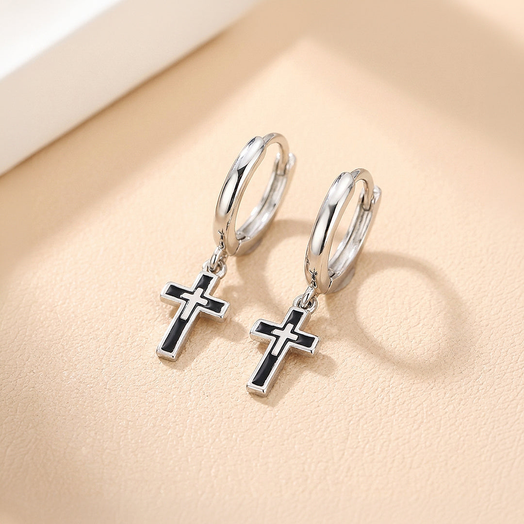 Black Enamel Cross Drop Huggie Hoop | Men&