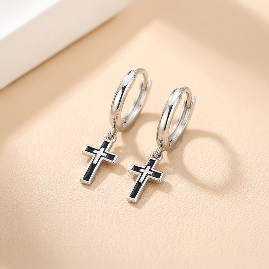 Black Enamel Cross Drop Huggie Hoop | Men&