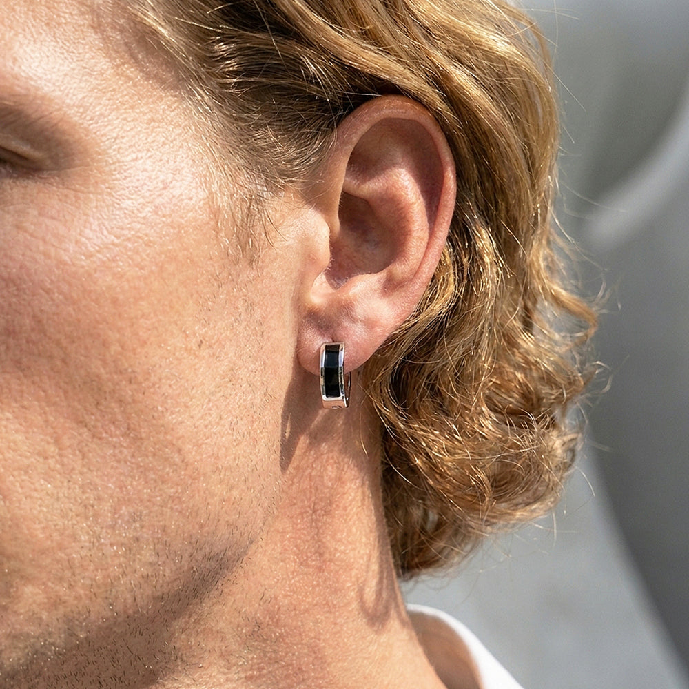 Black Enamel Huggie Hoop | Men's Earrings | ME1010