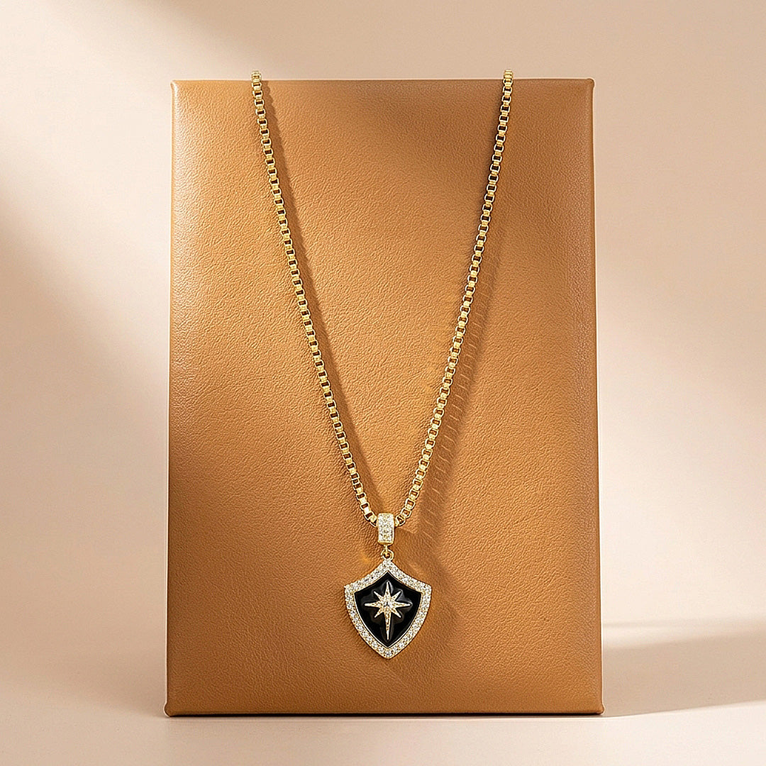 Black Enamel Star Shield Pendant | Men&