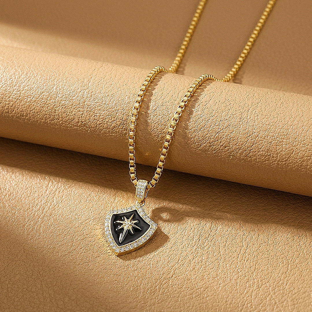 Black Enamel Star Shield Pendant | Men&