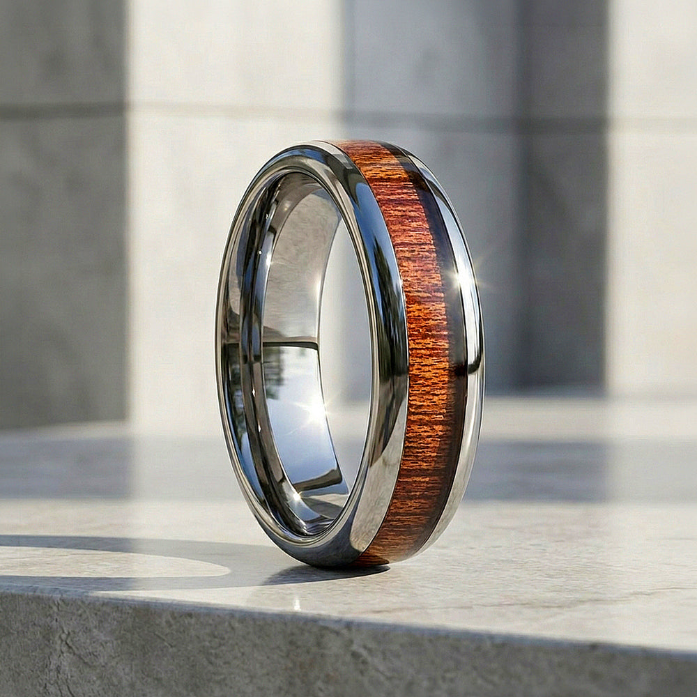 Marl | Koa Wood Inlay High Polish Silver Dome Tungsten Carbide