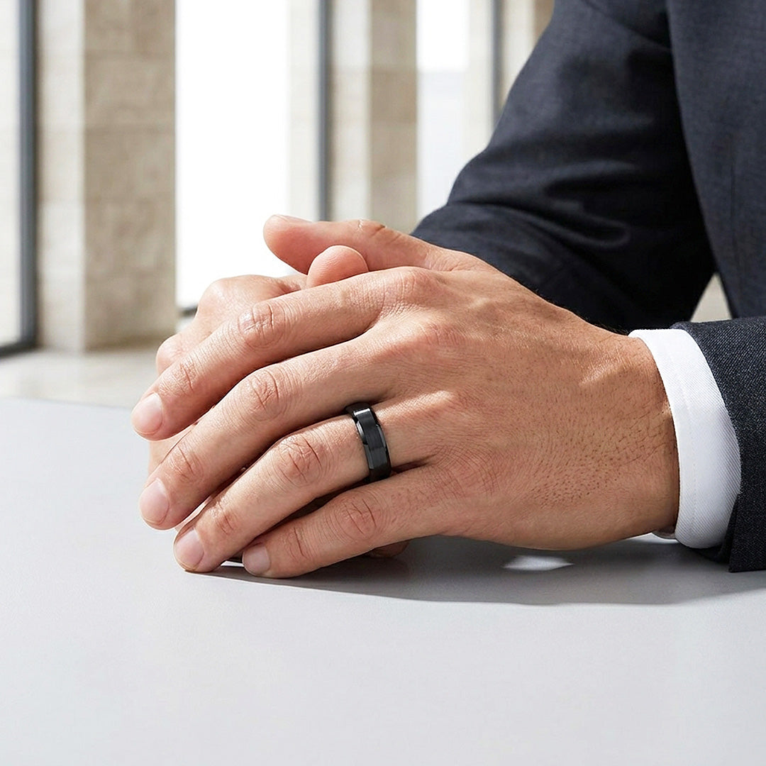 Merit | Black Brushed Bevelled Edge Tungsten Ring | Men&