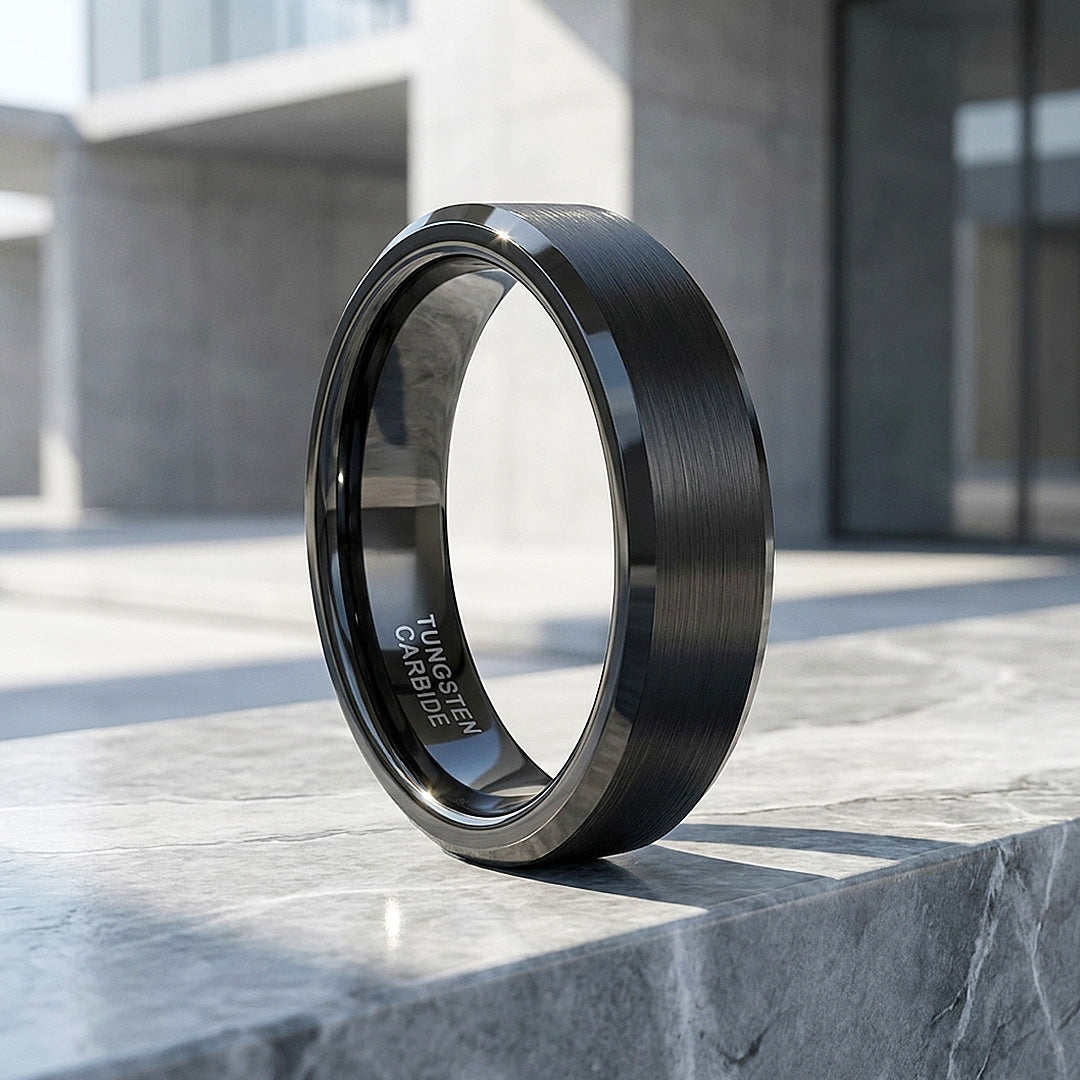 Merit | Black Brushed Bevelled Edge Tungsten Ring | Men&