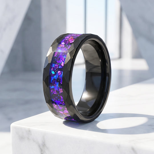 Midnight Prism | Hammered Black Cosmic Purple-Blue Inlay Tungsten Carbide Ring