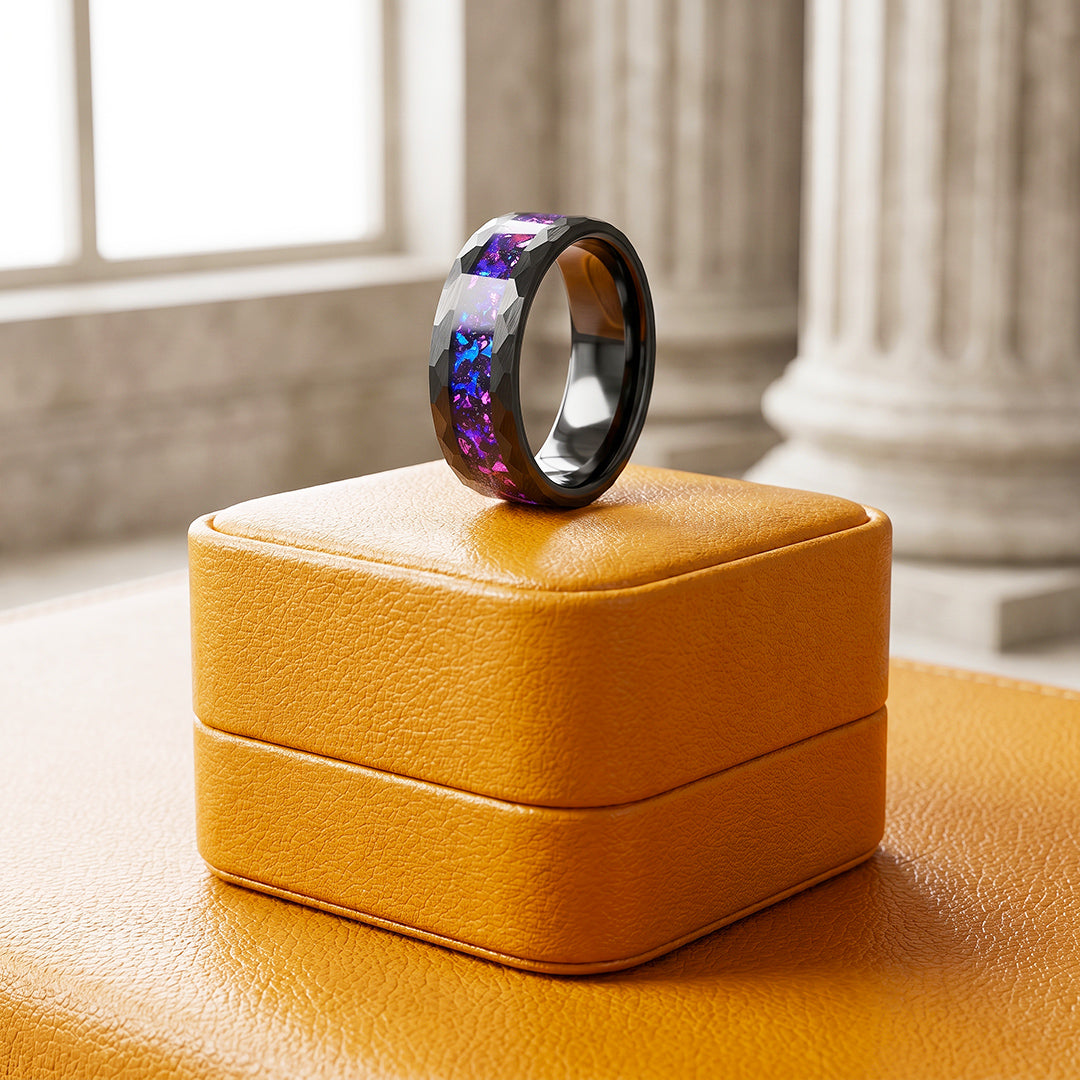 Midnight Prism | Hammered Black Cosmic Purple-Blue Inlay Tungsten Carbide Ring