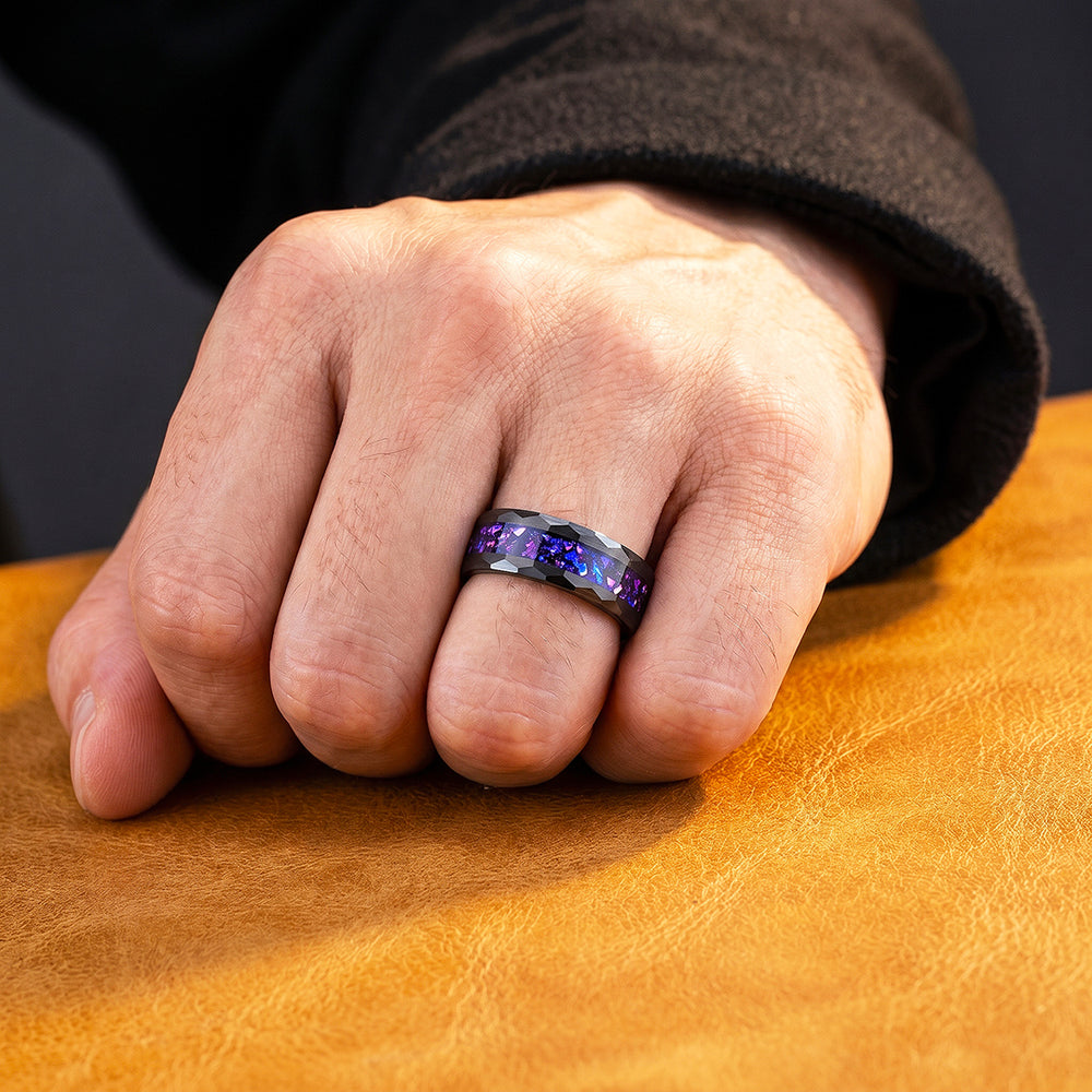Midnight Prism | Hammered Black Cosmic Purple-Blue Inlay Tungsten Carbide Ring
