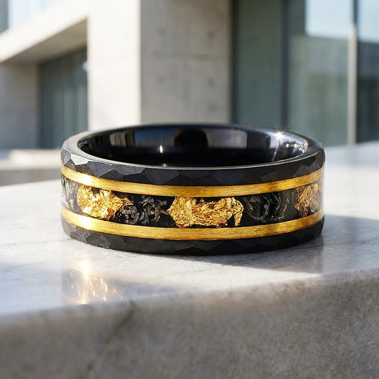 Molten Aurum Hammered Gold Foil Inlay Black Tungsten Carbide Ring