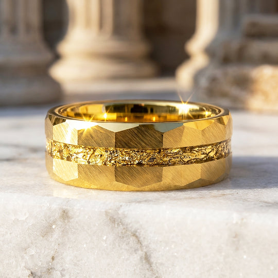 Molten Gold Hammered Gold Foil Inlay Tungsten Carbide Ring - Ring | Singapore Jewellery, Wedding Rings &amp; Gifts | Same Day Delivery | Tiara.com.sg