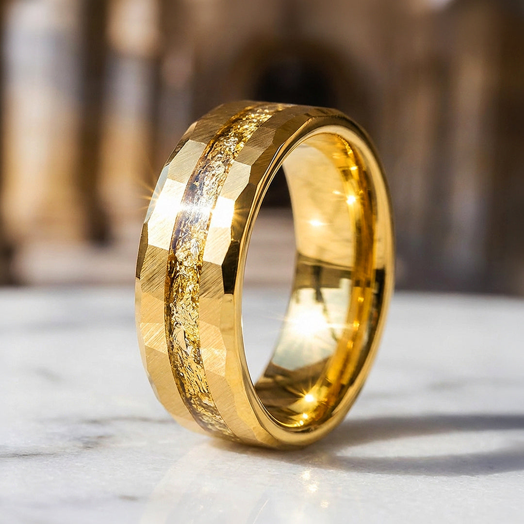 Molten Gold Hammered Gold Foil Inlay Tungsten Carbide Ring - Ring | Singapore Jewellery, Wedding Rings & Gifts | Same Day Delivery | Tiara.com.sg