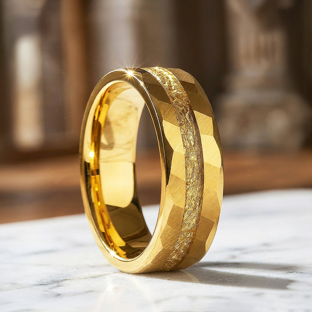 Molten Gold Hammered Gold Foil Inlay Tungsten Carbide Ring - Ring | Singapore Jewellery, Wedding Rings & Gifts | Same Day Delivery | Tiara.com.sg