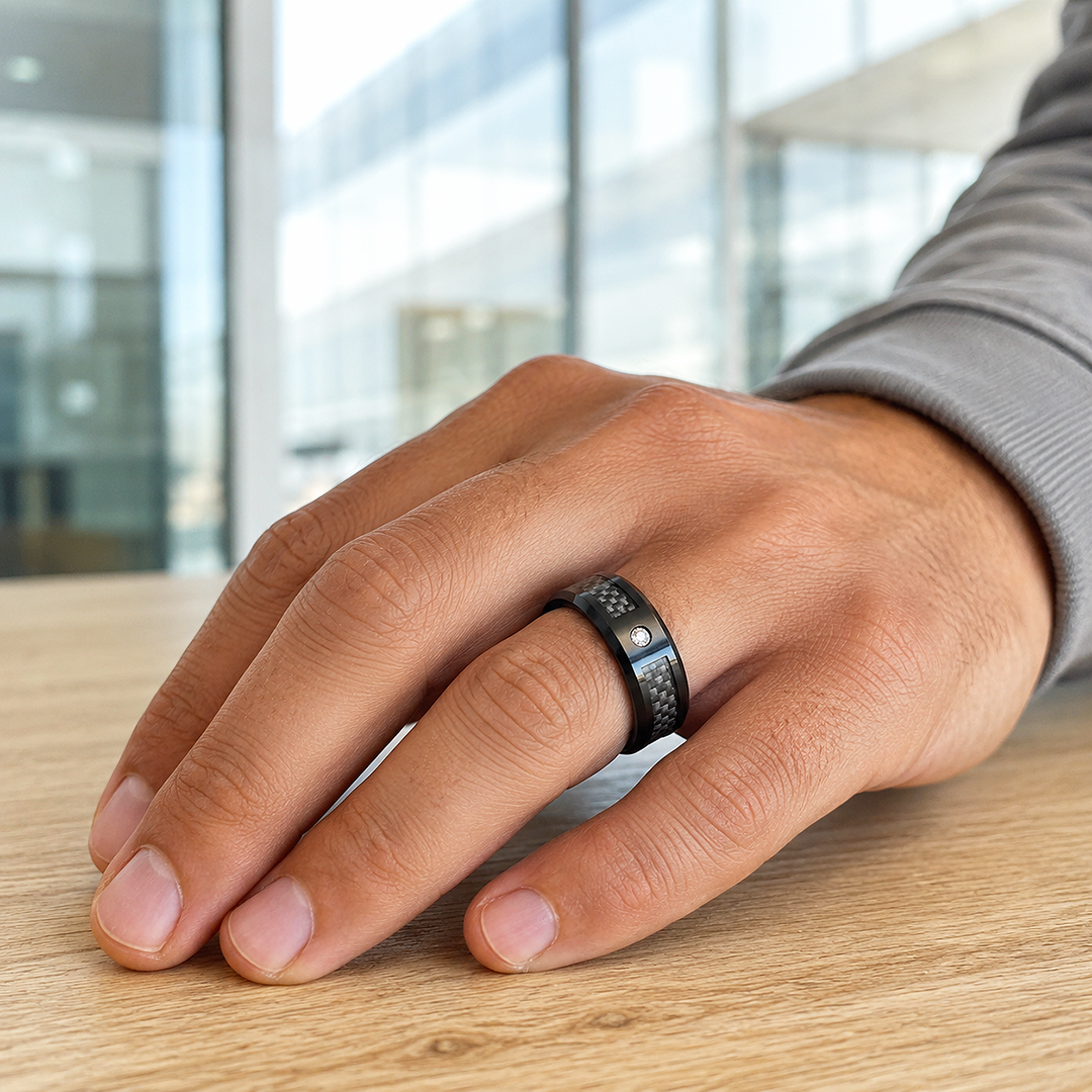 Musk | Black Carbon Fibre Diamond Simulant Tungsten Carbide Ring (Last)