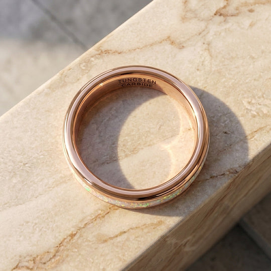 Opaline Rose Polished White Opal Inlay Rose Gold Tungsten Carbide Ring