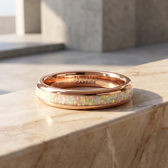 Opaline Rose Polished White Opal Inlay Rose Gold Tungsten Carbide Ring