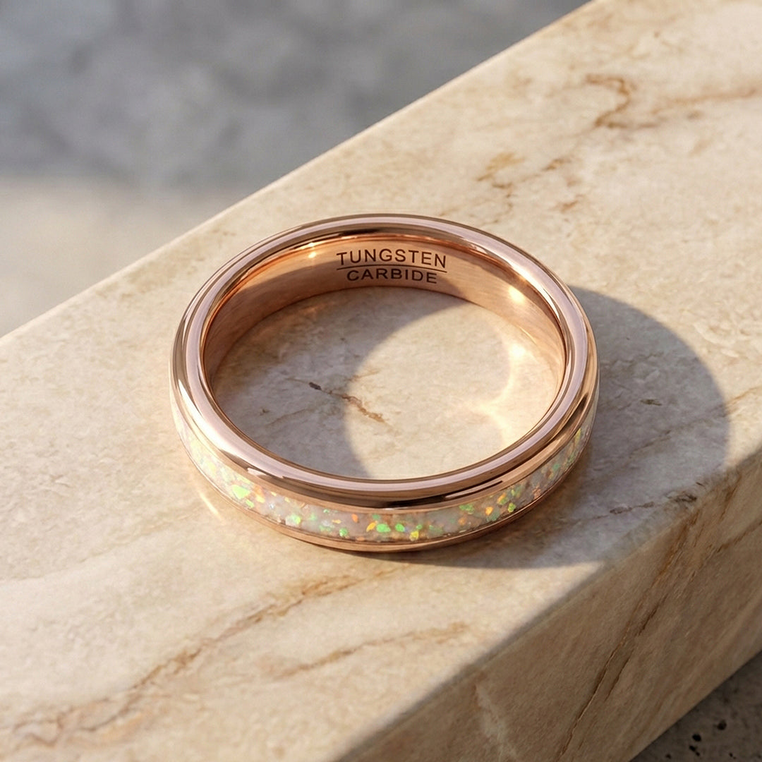 Opaline Rose Polished White Opal Inlay Rose Gold Tungsten Carbide Ring