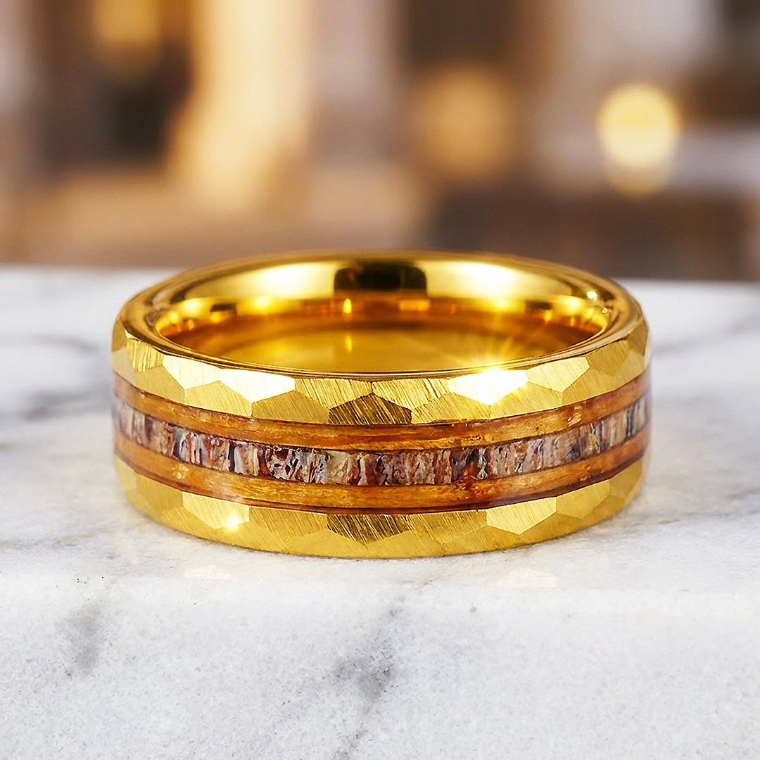 Ore Gold Hammered Wood Antler Inlay Tungsten Carbide Ring - Ring | Singapore Jewellery, Wedding Rings &amp; Gifts | Same Day Delivery | Tiara.com.sg