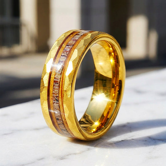 Ore Gold Hammered Wood Antler Inlay Tungsten Carbide Ring - Ring | Singapore Jewellery, Wedding Rings &amp; Gifts | Same Day Delivery | Tiara.com.sg