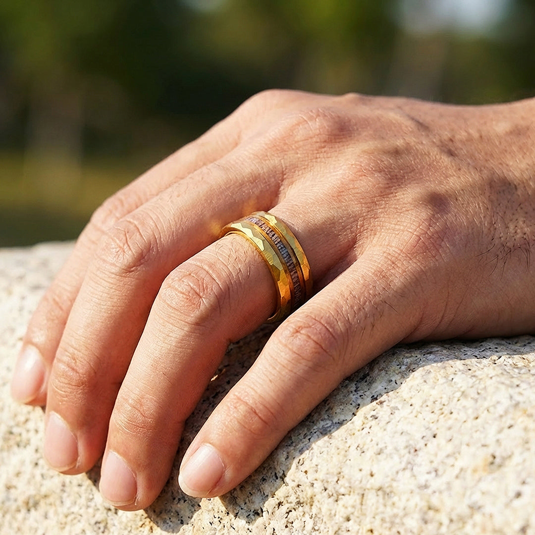 Ore Gold Hammered Wood Antler Inlay Tungsten Carbide Ring - Ring | Singapore Jewellery, Wedding Rings &amp; Gifts | Same Day Delivery | Tiara.com.sg