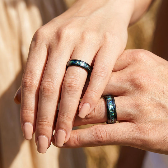 Pacific Reef | Abalone Shell Tungsten Couple Rings | Wedding Bands