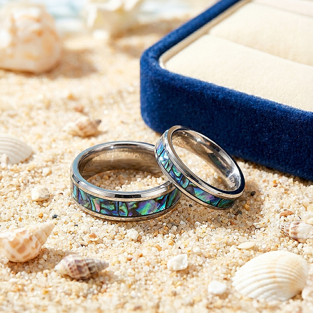 Pacific Reef | Abalone Shell Tungsten Couple Rings | Wedding Bands