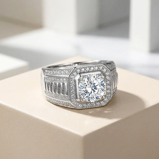 Halo Baguette Moissanite Men Ring | 925 Sterling Silver | PRM1009