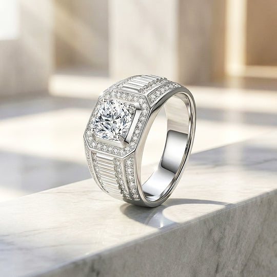 Halo Baguette Moissanite Men Ring | 925 Sterling Silver | PRM1009