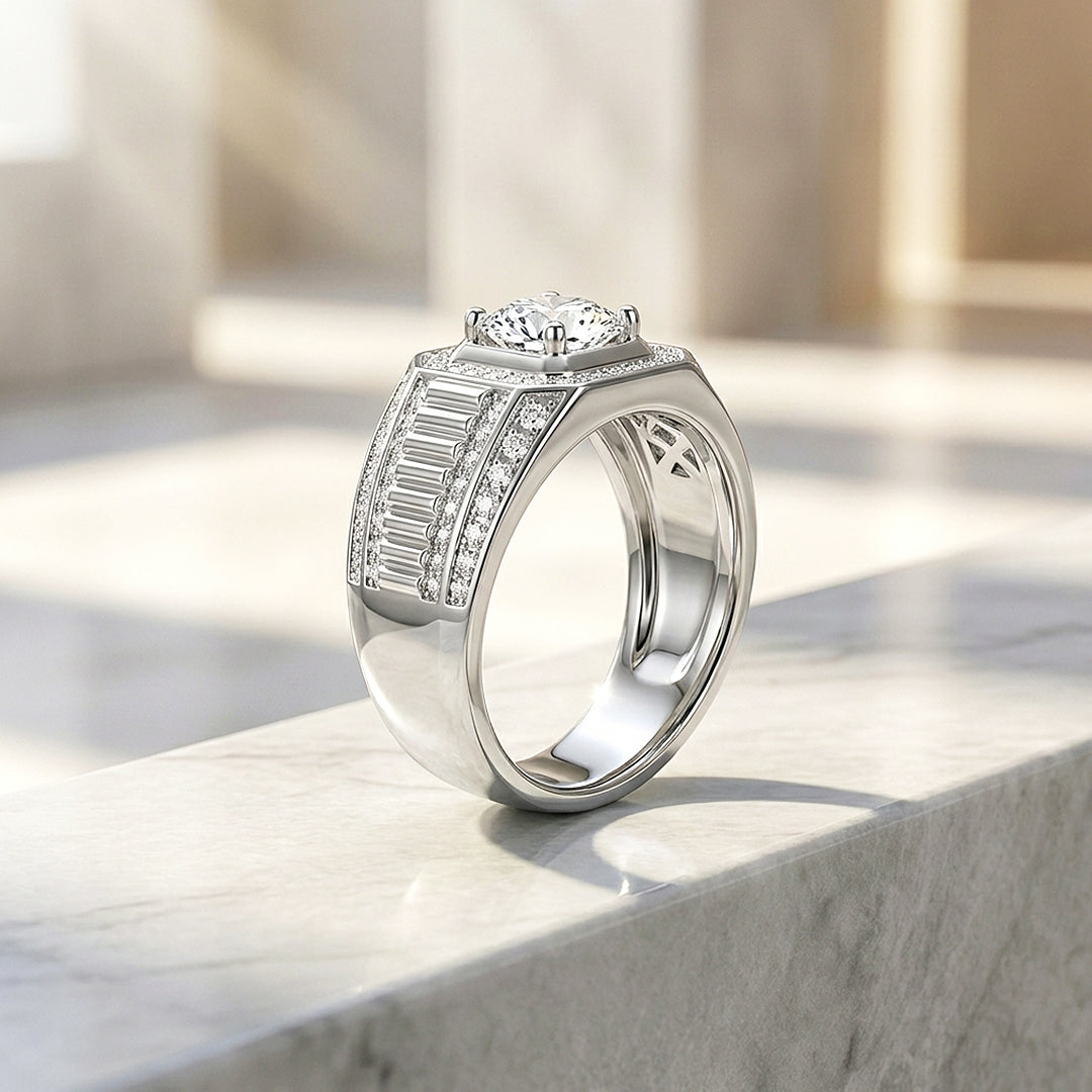 Halo Baguette Moissanite Men Ring | 925 Sterling Silver | PRM1009