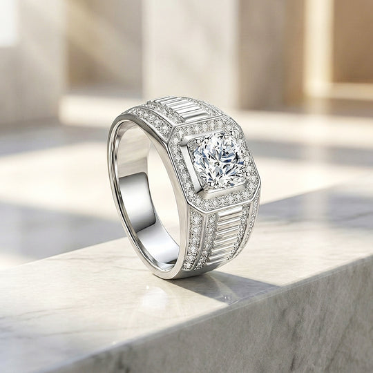 Halo Baguette Moissanite Men Ring | 925 Sterling Silver | PRM1009