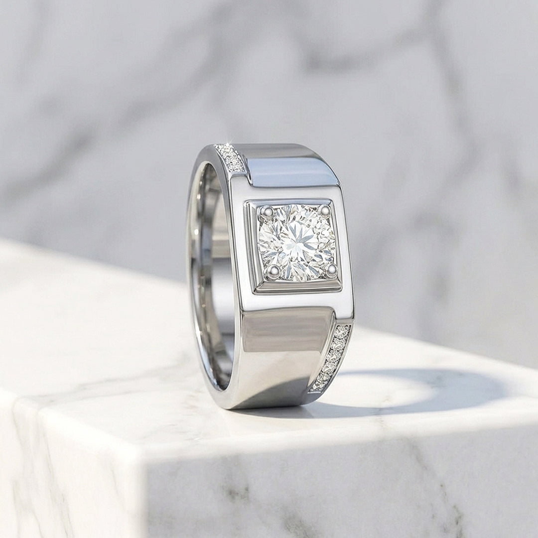Signet Solitaire Moissanite Men Ring | 925 Sterling Silver | PRM1016