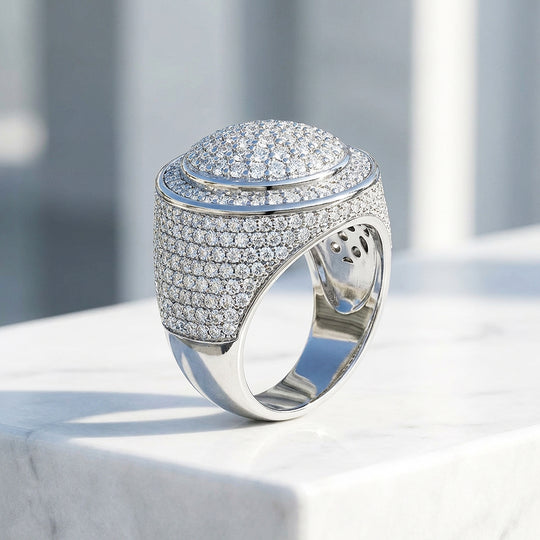 Iced Dome Signet Moissanite Men Ring | 925 Sterling Silver | PRM1019
