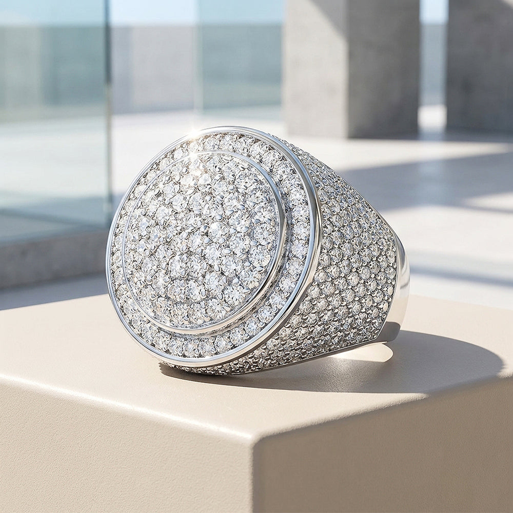 Iced Dome Signet Moissanite Men Ring | 925 Sterling Silver | PRM1019